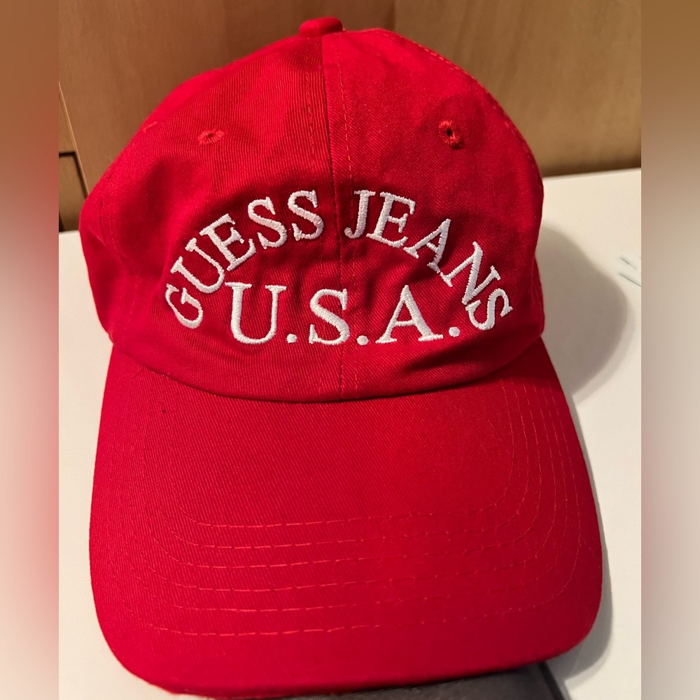 Vintage Guess USA 90's Hat Cap Embroidered Adjustable Strap back Red